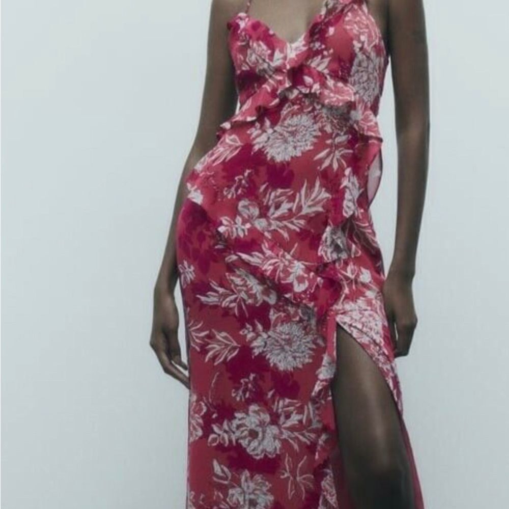Zara Pink Ruched Maxi Dress with Spaghetti Straps M